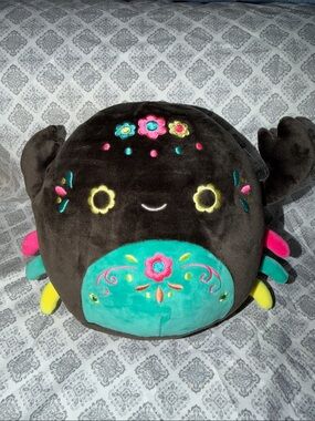 Plush Octopus Pillow with Bright Embroidered Flowers - Black & Teal